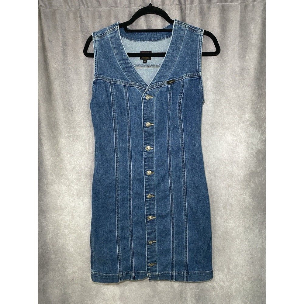 Lee Heritage Sleeveless Fitted Mini Denim Jean Dress Button Down Sz Small
